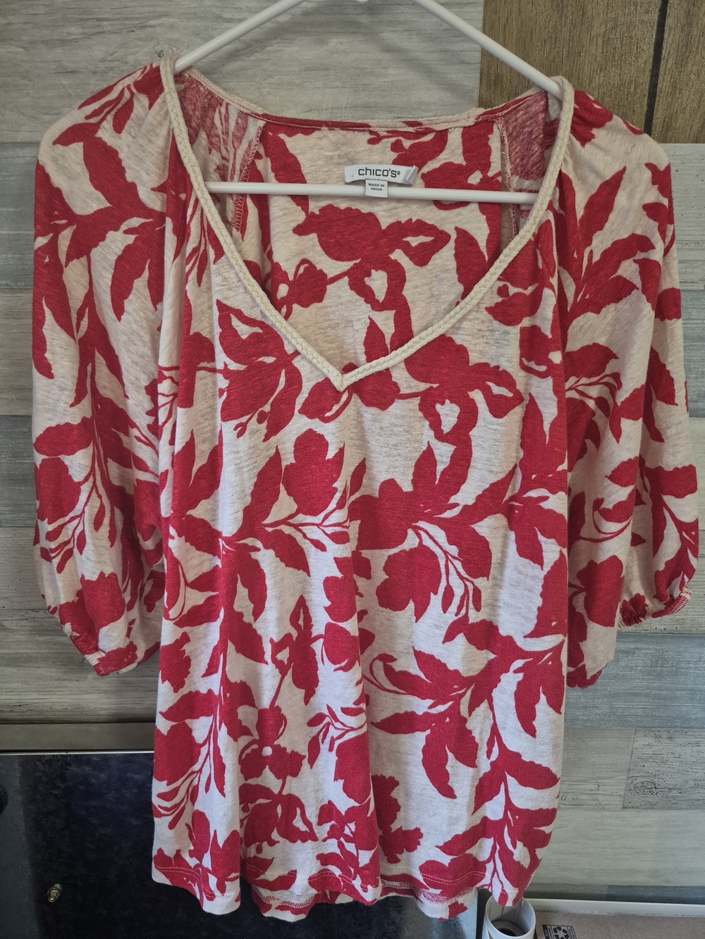 Chicos Floral Braided Linen Top Red Glow V Neck Puff Sleeve Blouse XL (3)